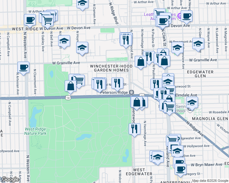 map of restaurants, bars, coffee shops, grocery stores, and more near 6037 North Winchester Avenue in Chicago