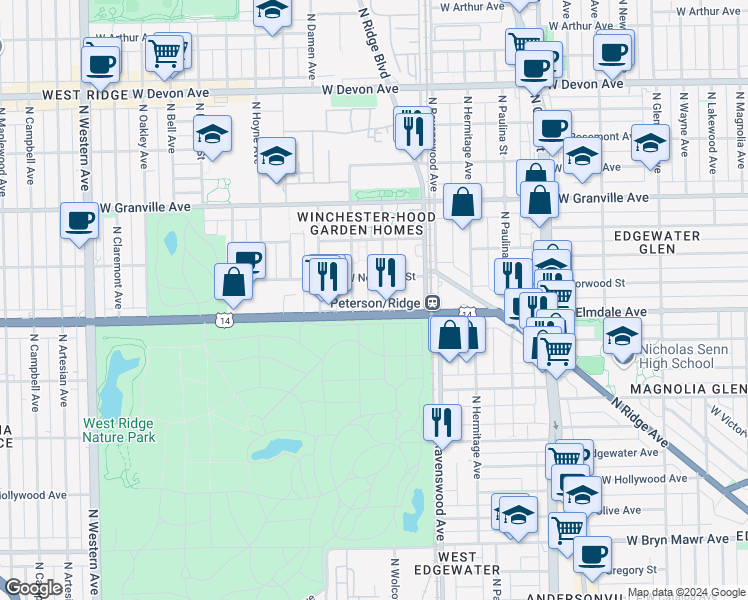 map of restaurants, bars, coffee shops, grocery stores, and more near 6037 North Winchester Avenue in Chicago