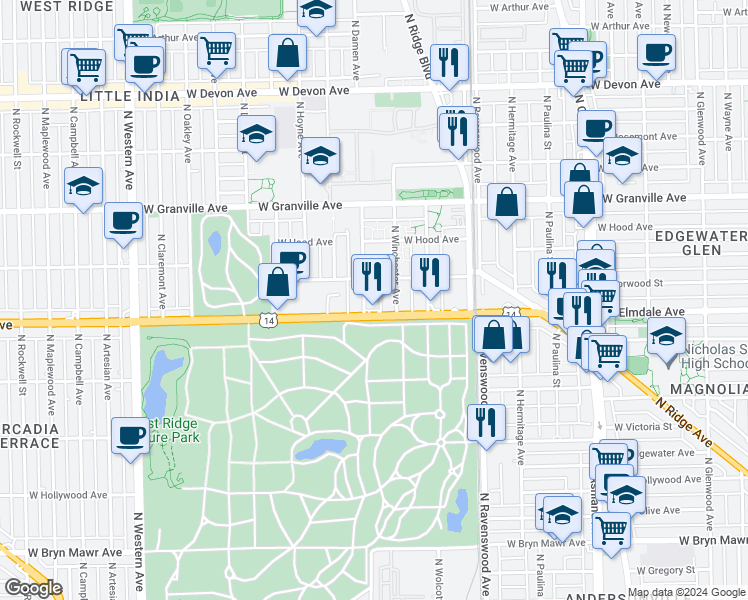 map of restaurants, bars, coffee shops, grocery stores, and more near 1962 U.S. 14 in Chicago