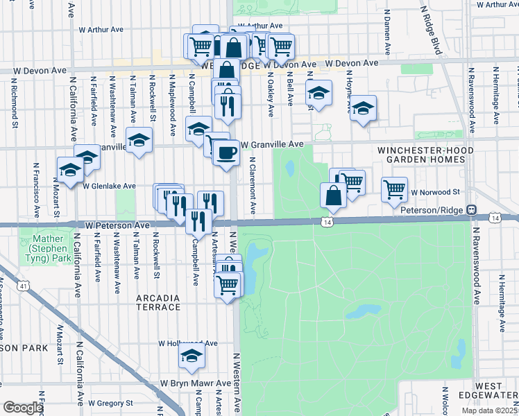 map of restaurants, bars, coffee shops, grocery stores, and more near 6018 North Claremont Avenue in Chicago