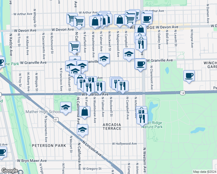 map of restaurants, bars, coffee shops, grocery stores, and more near in Chicago