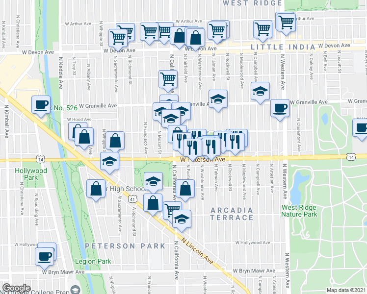 map of restaurants, bars, coffee shops, grocery stores, and more near 6017 North California Avenue in Chicago