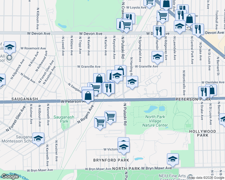map of restaurants, bars, coffee shops, grocery stores, and more near 6028 North Keystone Avenue in Chicago