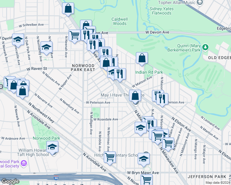 map of restaurants, bars, coffee shops, grocery stores, and more near 6204 West Norwood Street in Chicago