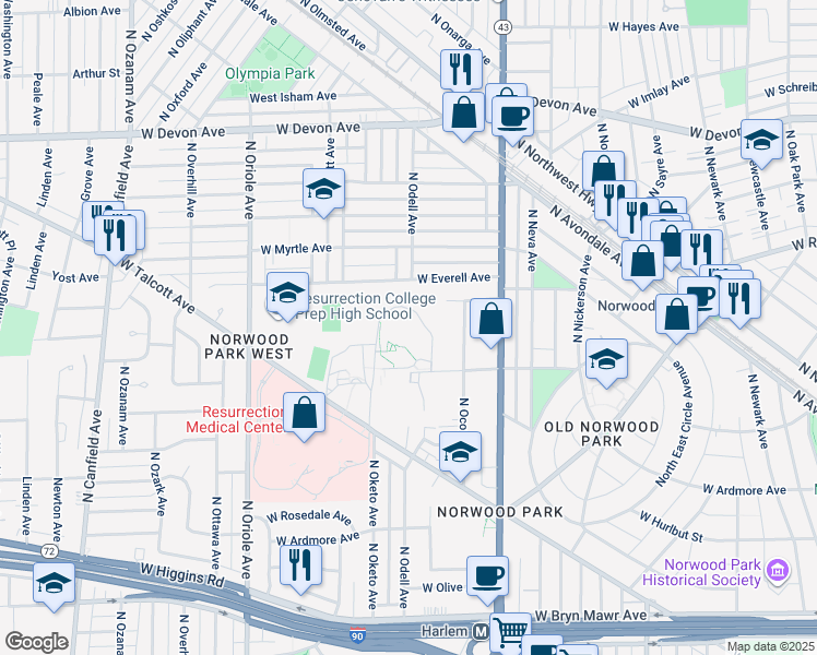 map of restaurants, bars, coffee shops, grocery stores, and more near 7277 West Everell Avenue in Chicago