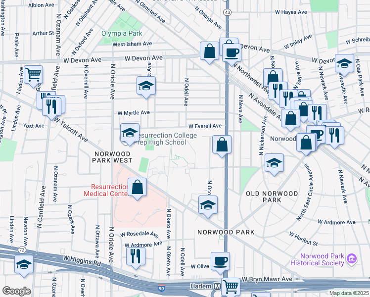 map of restaurants, bars, coffee shops, grocery stores, and more near 7277 West Everell Avenue in Chicago