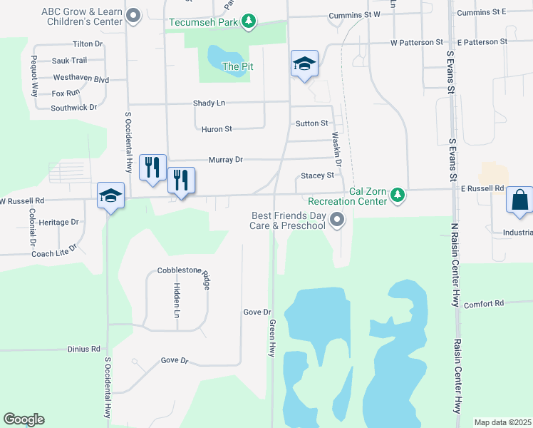 map of restaurants, bars, coffee shops, grocery stores, and more near 6960 Green Highway in Adrian