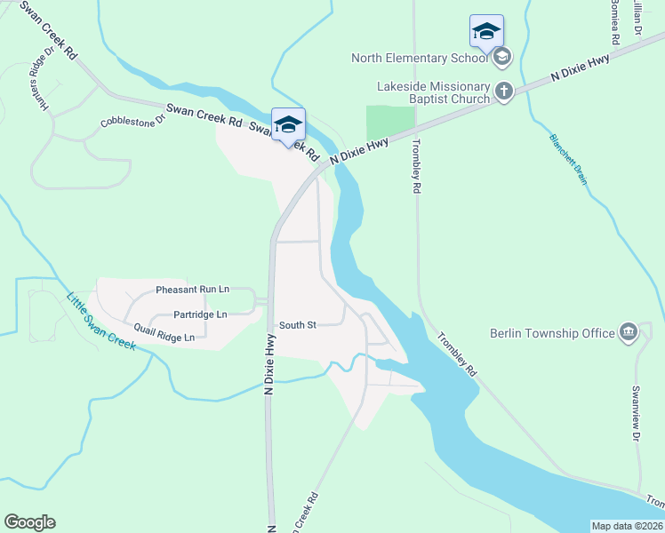 map of restaurants, bars, coffee shops, grocery stores, and more near 7798 Swan Creek Road in Charter Township of Berlin