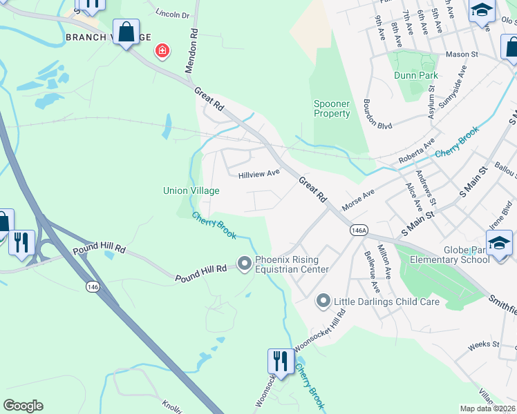 map of restaurants, bars, coffee shops, grocery stores, and more near 56 Westwood Road in North Smithfield