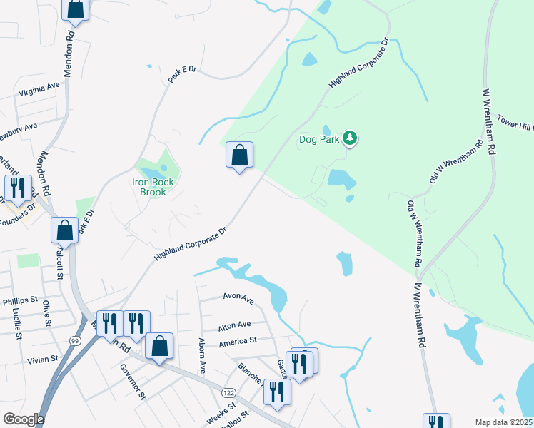 map of restaurants, bars, coffee shops, grocery stores, and more near 200 Highland Corporate Drive in Cumberland