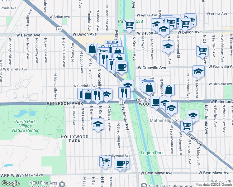 map of restaurants, bars, coffee shops, grocery stores, and more near 6023 North Jersey Avenue in Chicago