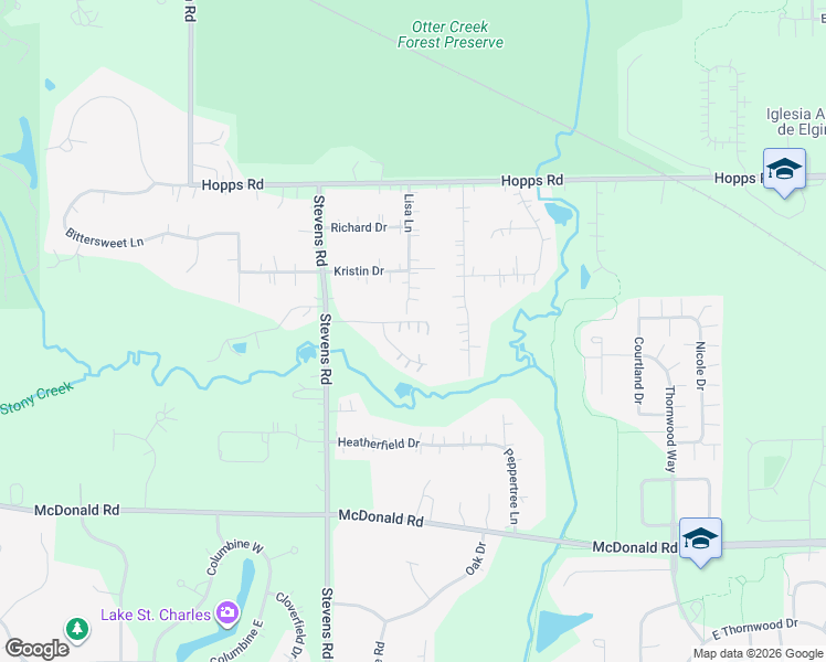 map of restaurants, bars, coffee shops, grocery stores, and more near 2481 Stony Lane in Elgin