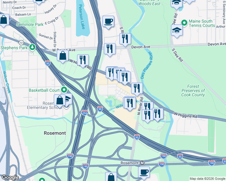 map of restaurants, bars, coffee shops, grocery stores, and more near 9512 Glenlake Avenue in Rosemont