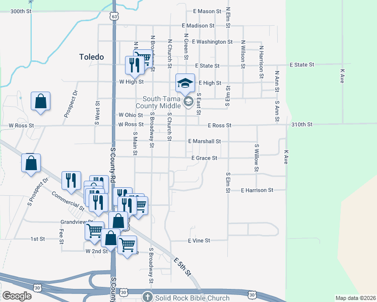 map of restaurants, bars, coffee shops, grocery stores, and more near 507 South Green Street in Toledo