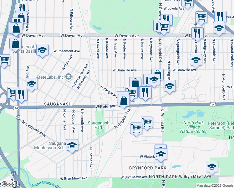 map of restaurants, bars, coffee shops, grocery stores, and more near 6059 North Sauganash Avenue in Chicago