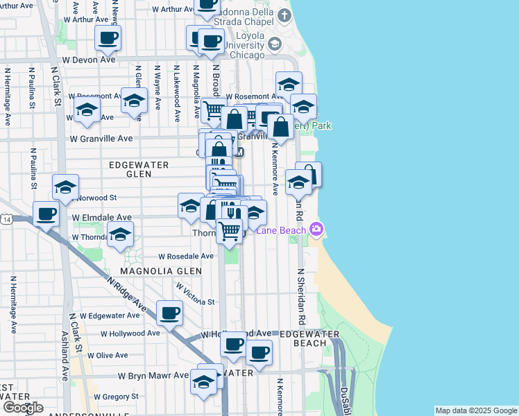 map of restaurants, bars, coffee shops, grocery stores, and more near 6002 North Winthrop Avenue in Chicago