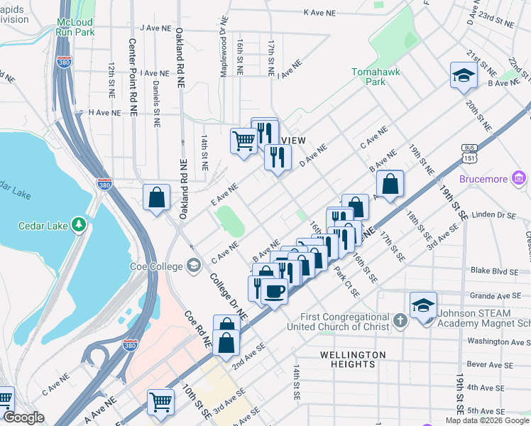 map of restaurants, bars, coffee shops, grocery stores, and more near 1514 C Avenue Northeast in Cedar Rapids