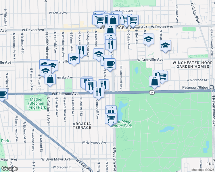 map of restaurants, bars, coffee shops, grocery stores, and more near in Chicago