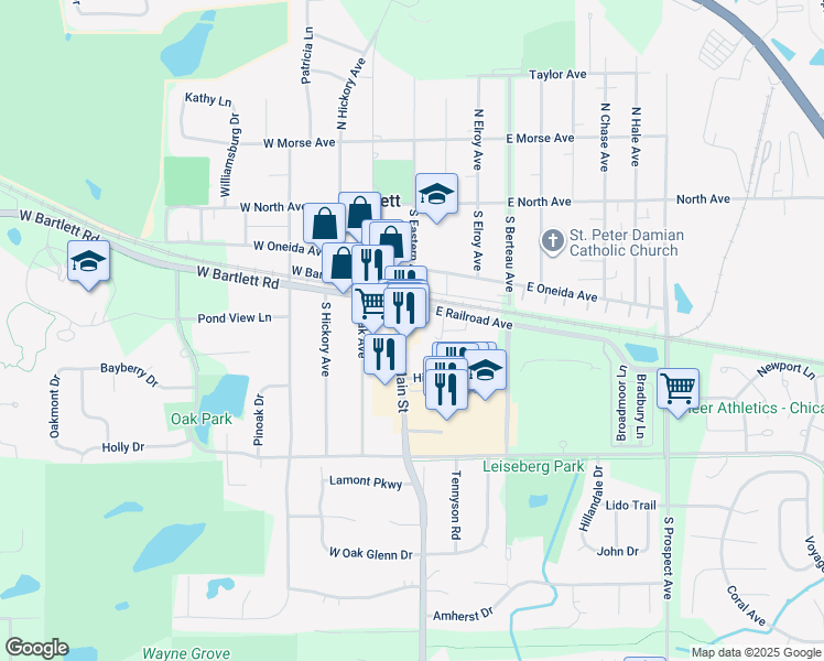 map of restaurants, bars, coffee shops, grocery stores, and more near 267 East Railroad Avenue in Bartlett