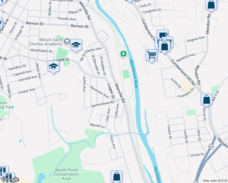 map of restaurants, bars, coffee shops, grocery stores, and more near 959 Rhode Island 126 in Woonsocket