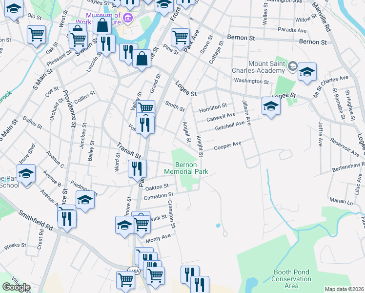 map of restaurants, bars, coffee shops, grocery stores, and more near 58 Williams Street in Woonsocket