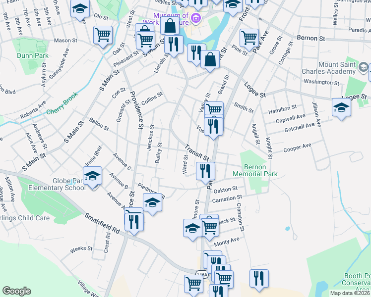 map of restaurants, bars, coffee shops, grocery stores, and more near 515 Ballou Street in Woonsocket