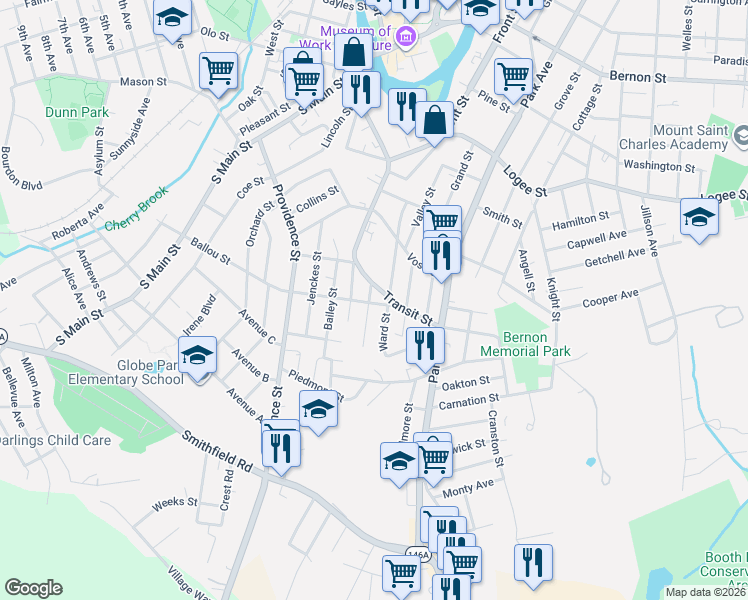 map of restaurants, bars, coffee shops, grocery stores, and more near 515 Ballou Street in Woonsocket
