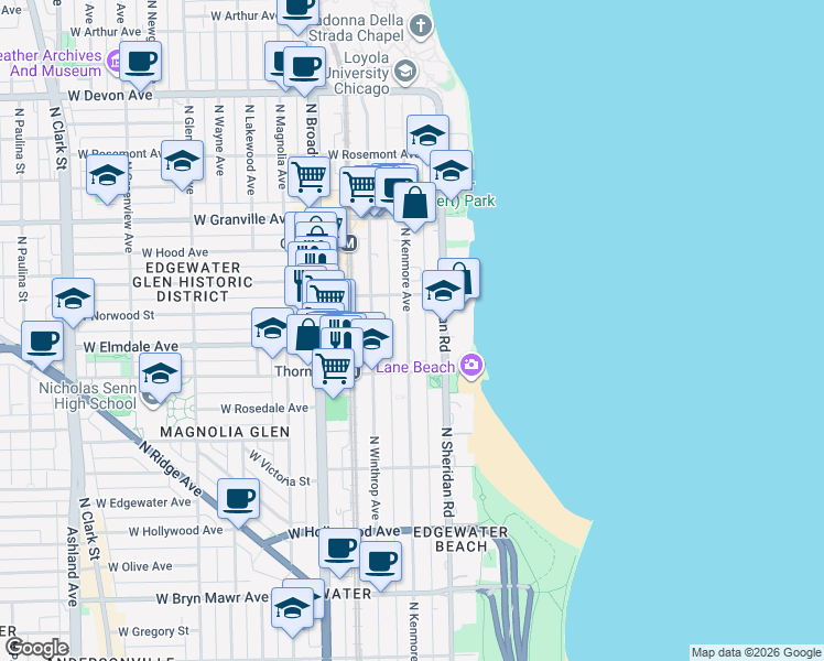 map of restaurants, bars, coffee shops, grocery stores, and more near 6002 North Kenmore Avenue in Chicago