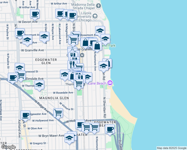 map of restaurants, bars, coffee shops, grocery stores, and more near 6002 North Kenmore Avenue in Chicago