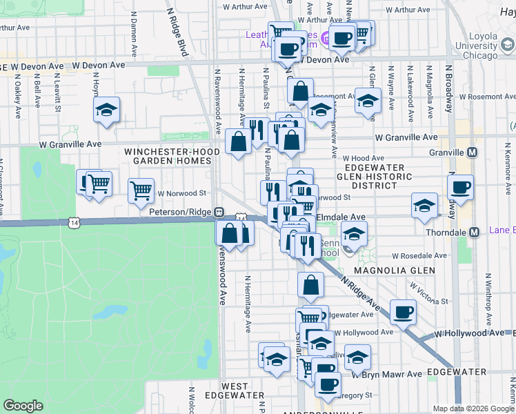 map of restaurants, bars, coffee shops, grocery stores, and more near 6004 North Paulina Street in Chicago
