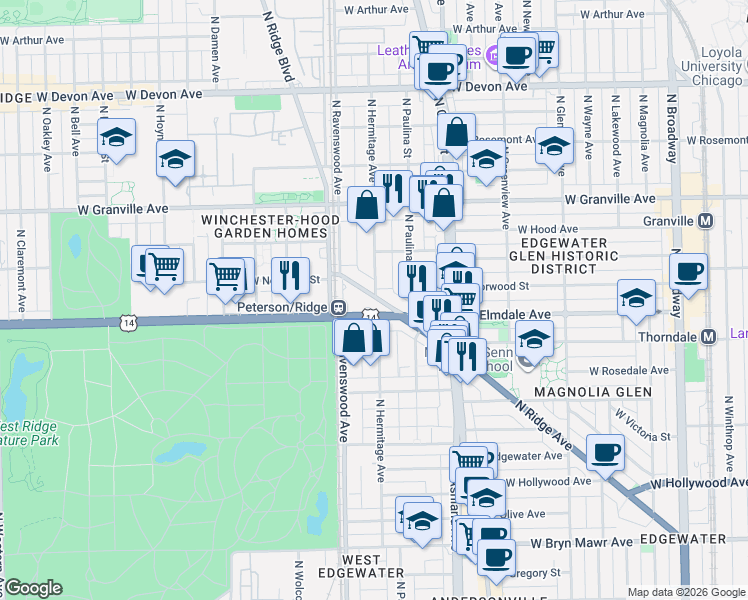 map of restaurants, bars, coffee shops, grocery stores, and more near 6030 North Ridge Avenue in Chicago