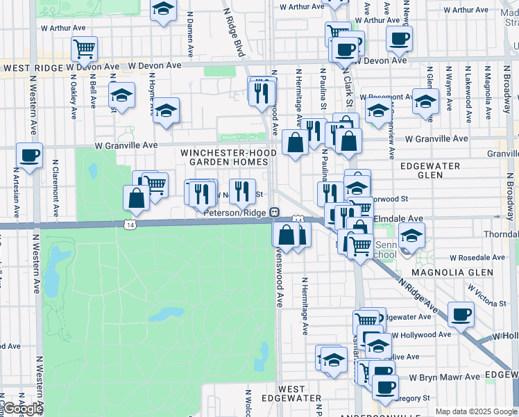 map of restaurants, bars, coffee shops, grocery stores, and more near 6001 North Wolcott Avenue in Chicago