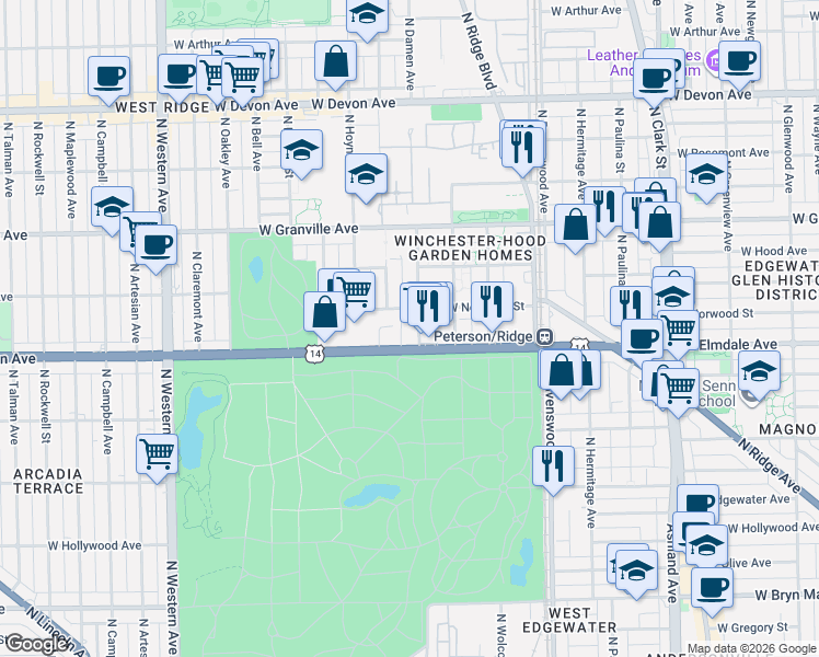 map of restaurants, bars, coffee shops, grocery stores, and more near 1962 U.S. 14 in Chicago