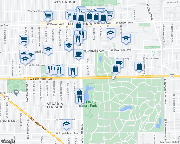 map of restaurants, bars, coffee shops, grocery stores, and more near 6018 North Claremont Avenue in Chicago