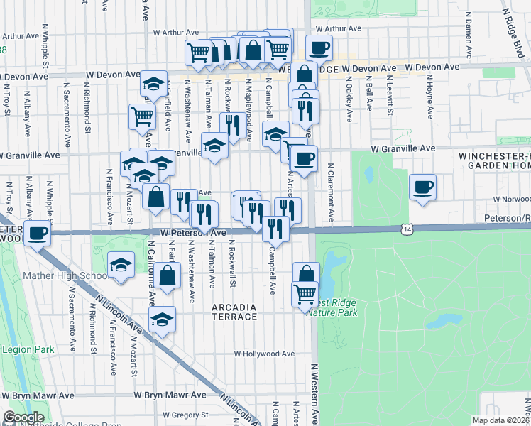 map of restaurants, bars, coffee shops, grocery stores, and more near 2515 U.S. 14 in Chicago