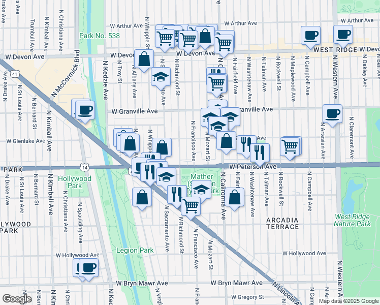 map of restaurants, bars, coffee shops, grocery stores, and more near in Chicago
