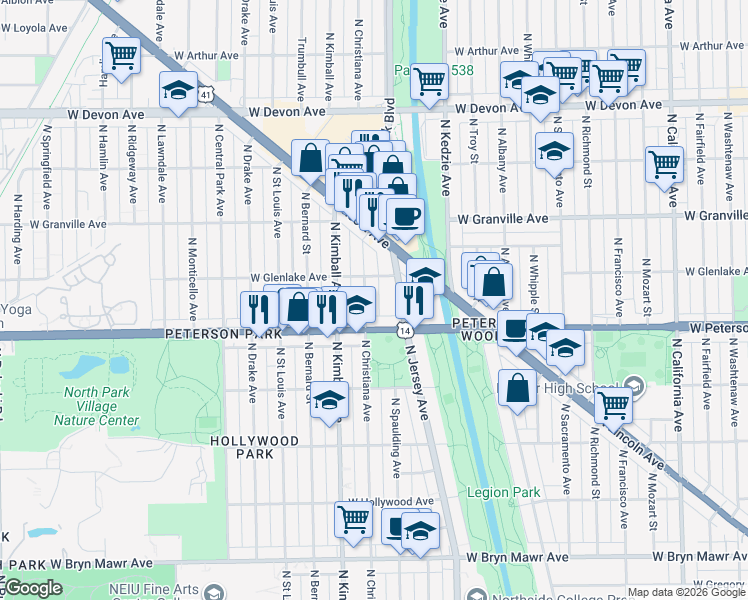 map of restaurants, bars, coffee shops, grocery stores, and more near 6023 North Christiana Avenue in Chicago