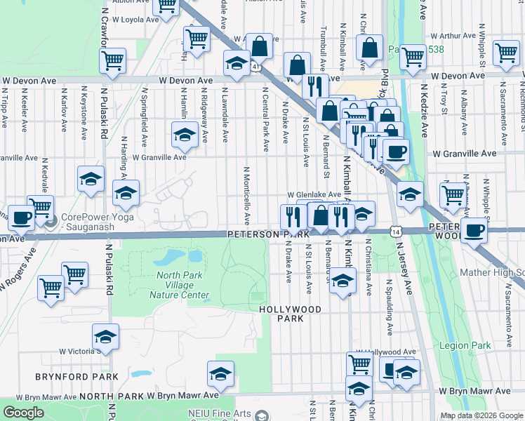 map of restaurants, bars, coffee shops, grocery stores, and more near 6027 North Central Park Avenue in Chicago