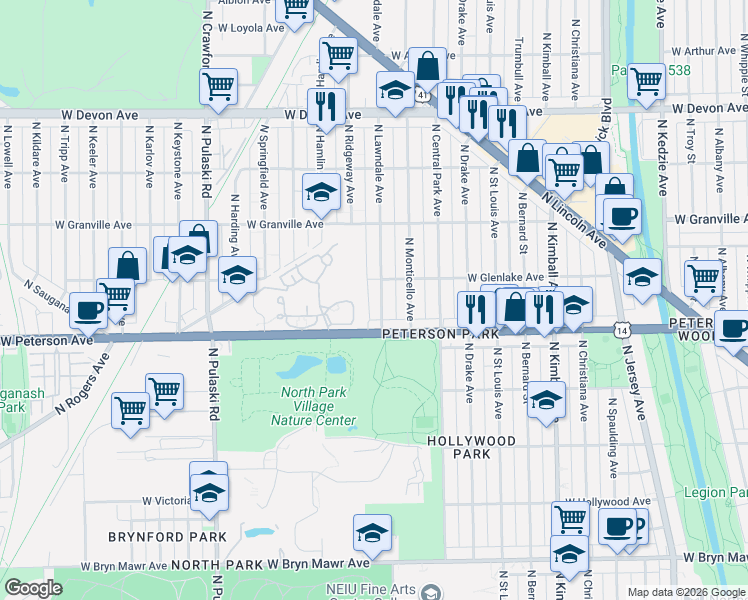 map of restaurants, bars, coffee shops, grocery stores, and more near 6024 North Lawndale Avenue in Chicago