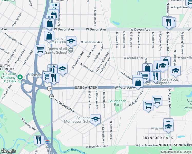 map of restaurants, bars, coffee shops, grocery stores, and more near 6049 North Forest Glen Avenue in Chicago