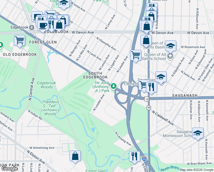 map of restaurants, bars, coffee shops, grocery stores, and more near 6043 North Leader Avenue in Chicago