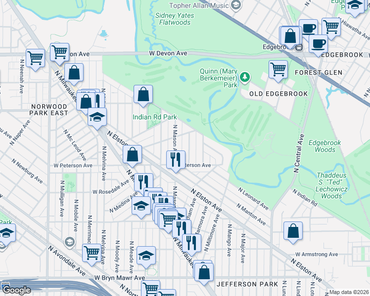 map of restaurants, bars, coffee shops, grocery stores, and more near 6024 North Marmora Avenue in Chicago