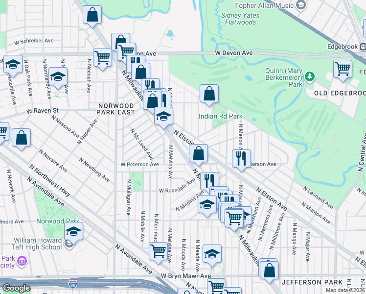 map of restaurants, bars, coffee shops, grocery stores, and more near 6033 North Milwaukee Avenue in Chicago