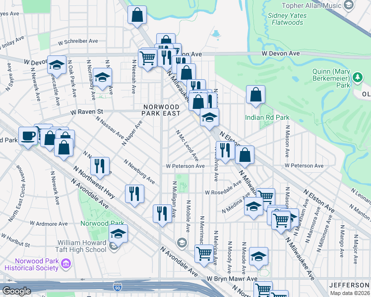 map of restaurants, bars, coffee shops, grocery stores, and more near 6320 West Holbrook Street in Chicago