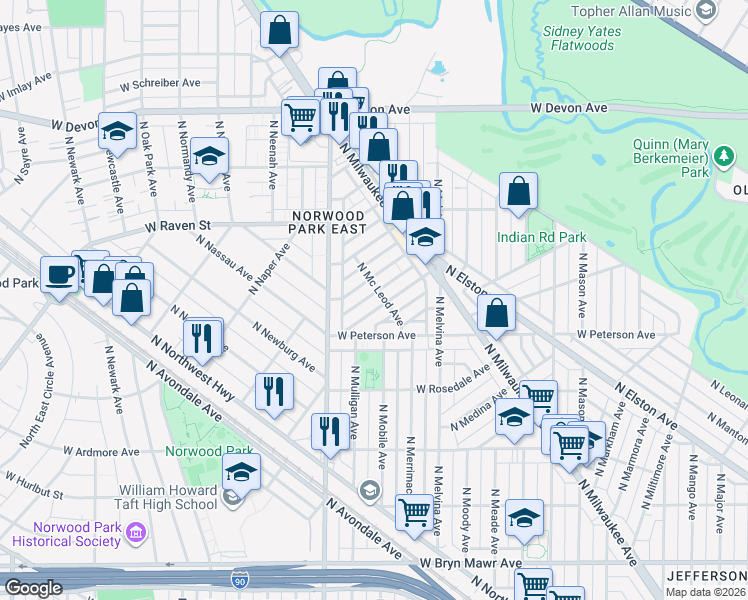 map of restaurants, bars, coffee shops, grocery stores, and more near 6320 West Holbrook Street in Chicago