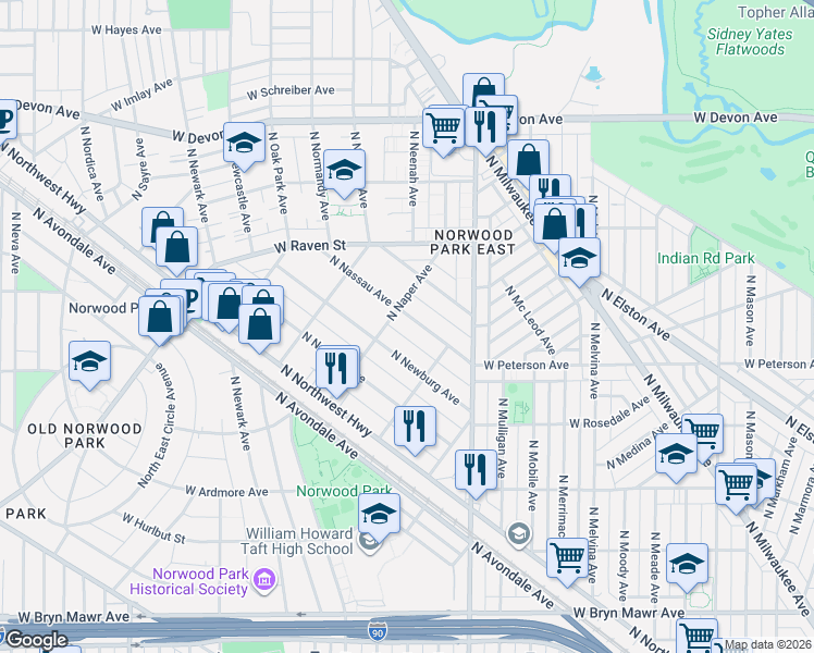 map of restaurants, bars, coffee shops, grocery stores, and more near 6039 North Newburg Avenue in Chicago