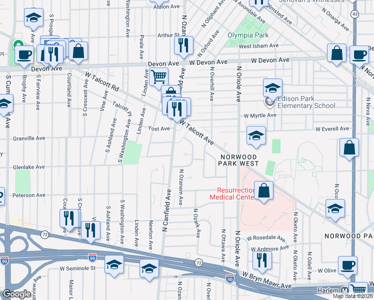 map of restaurants, bars, coffee shops, grocery stores, and more near 6121 North Ozark Avenue in Chicago