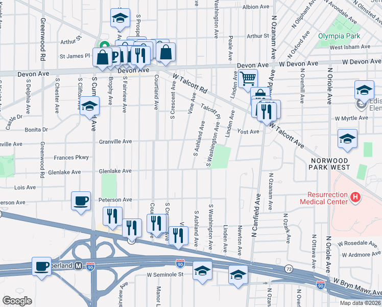 map of restaurants, bars, coffee shops, grocery stores, and more near 1529 South Ashland Avenue in Park Ridge