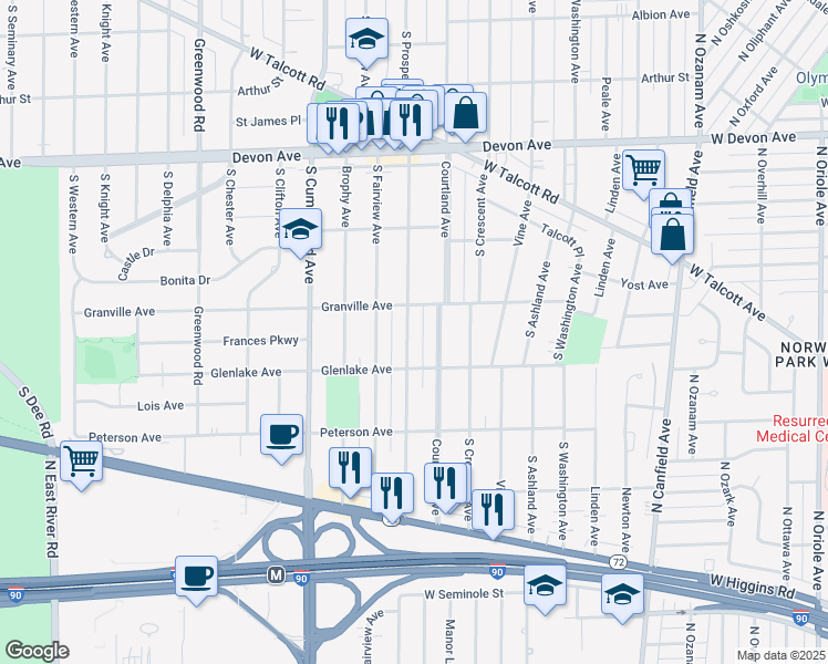 map of restaurants, bars, coffee shops, grocery stores, and more near 1529 South Prospect Avenue in Park Ridge
