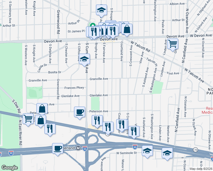 map of restaurants, bars, coffee shops, grocery stores, and more near 1524 South Fairview Avenue in Park Ridge